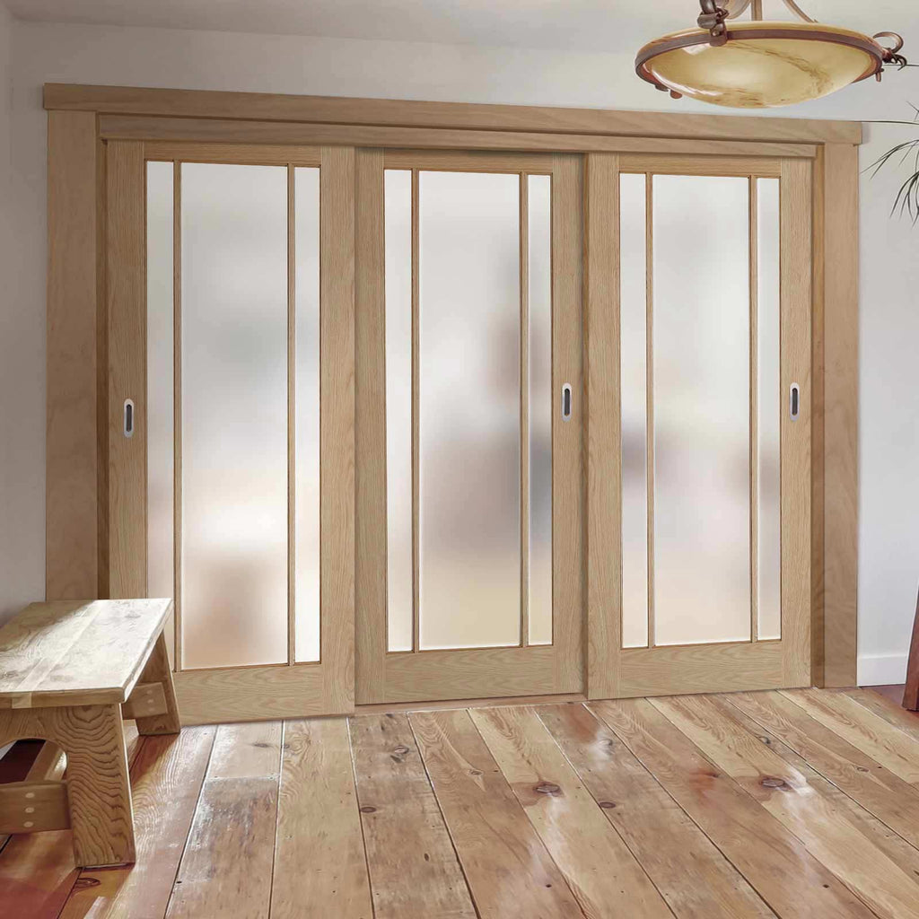 Three Sliding Wardrobe Doors & Frame Kit - Lincoln Glazed Oak Door - Frosted Glass - Unfinished