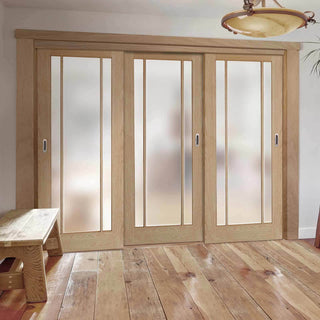 Image: Minimalist Wardrobe Door & Frame Kit - Three Lincoln Glazed Oak Doors - Frosted Glass - Unfinished