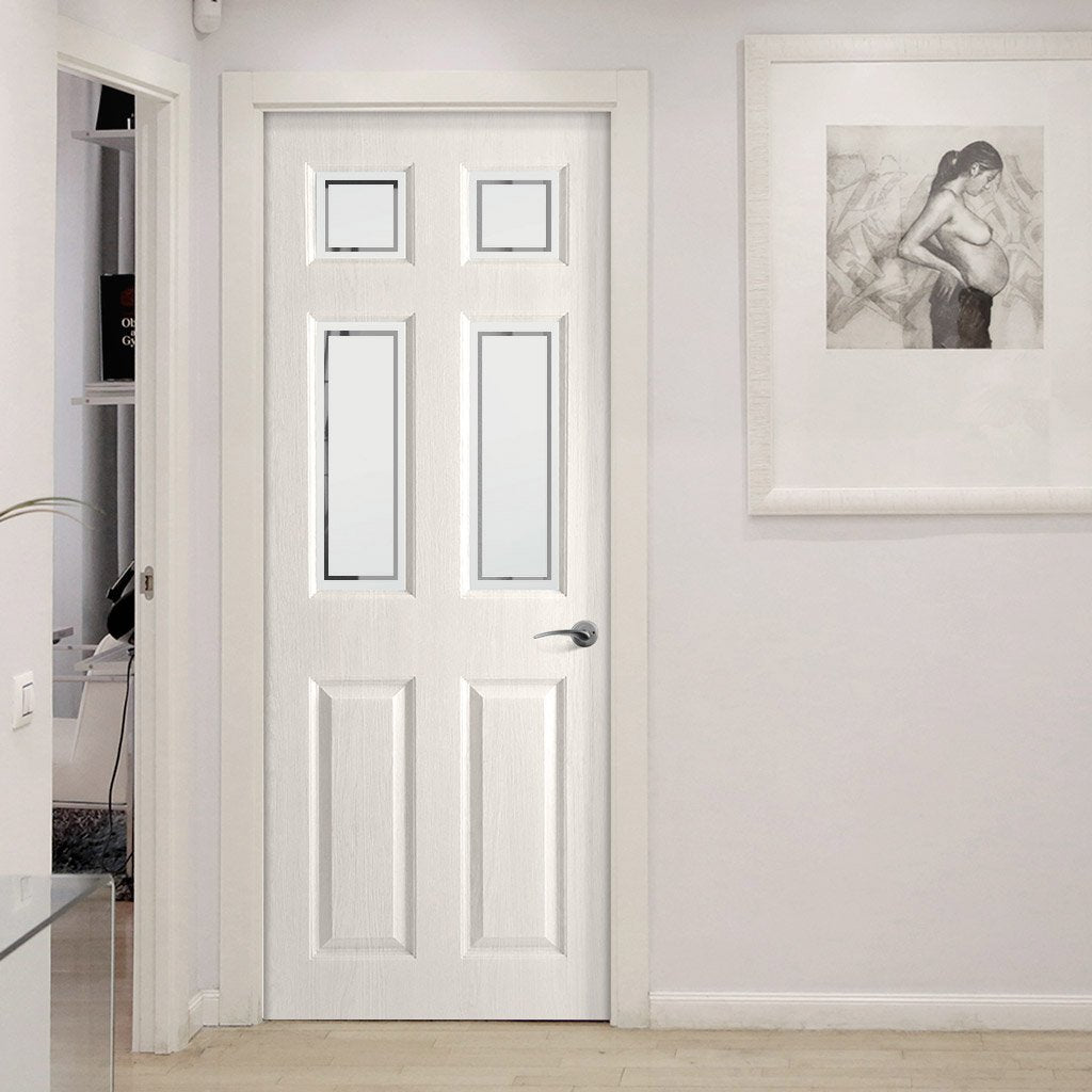 White PVC washington door with grained faces 4 sandblast border style toughened glass 