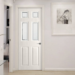 Image: White PVC washington door with grained faces 4 sandblast border style toughened glass 