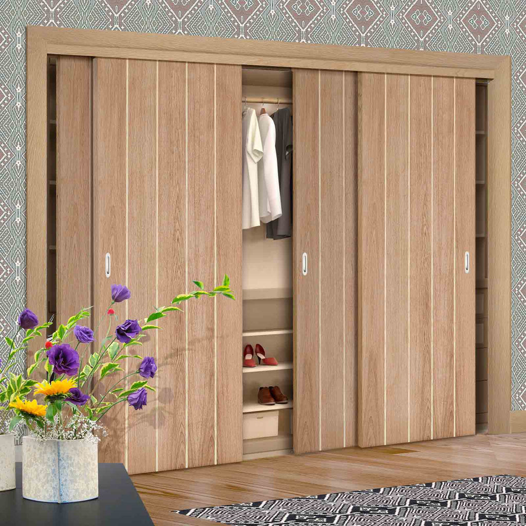 Four Sliding Wardrobe Doors & Frame Kit - Wexford Oak Panel Door - Unfinished