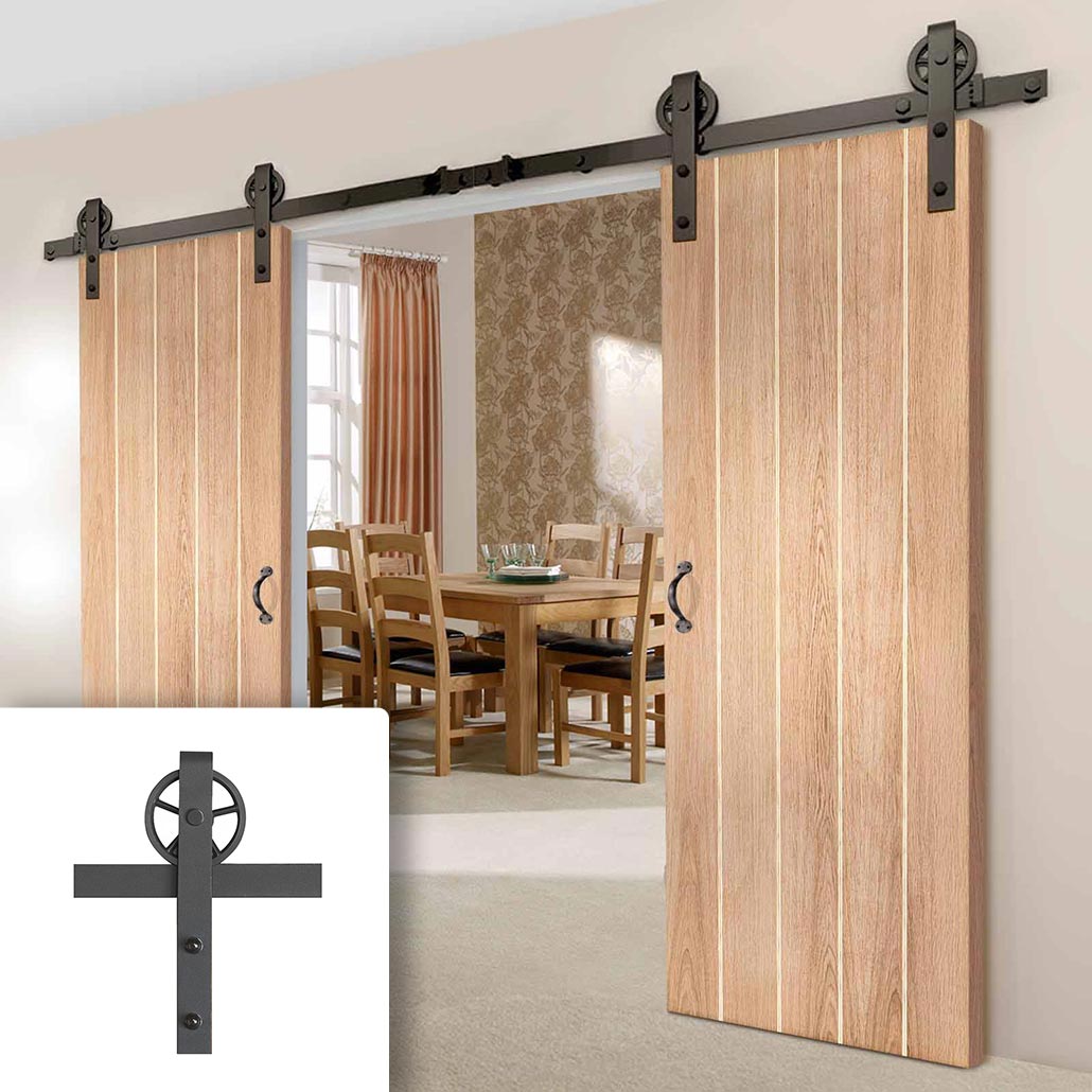 Double Sliding Door & Wagon Wheel Black Track Wexford Oak Panel Door