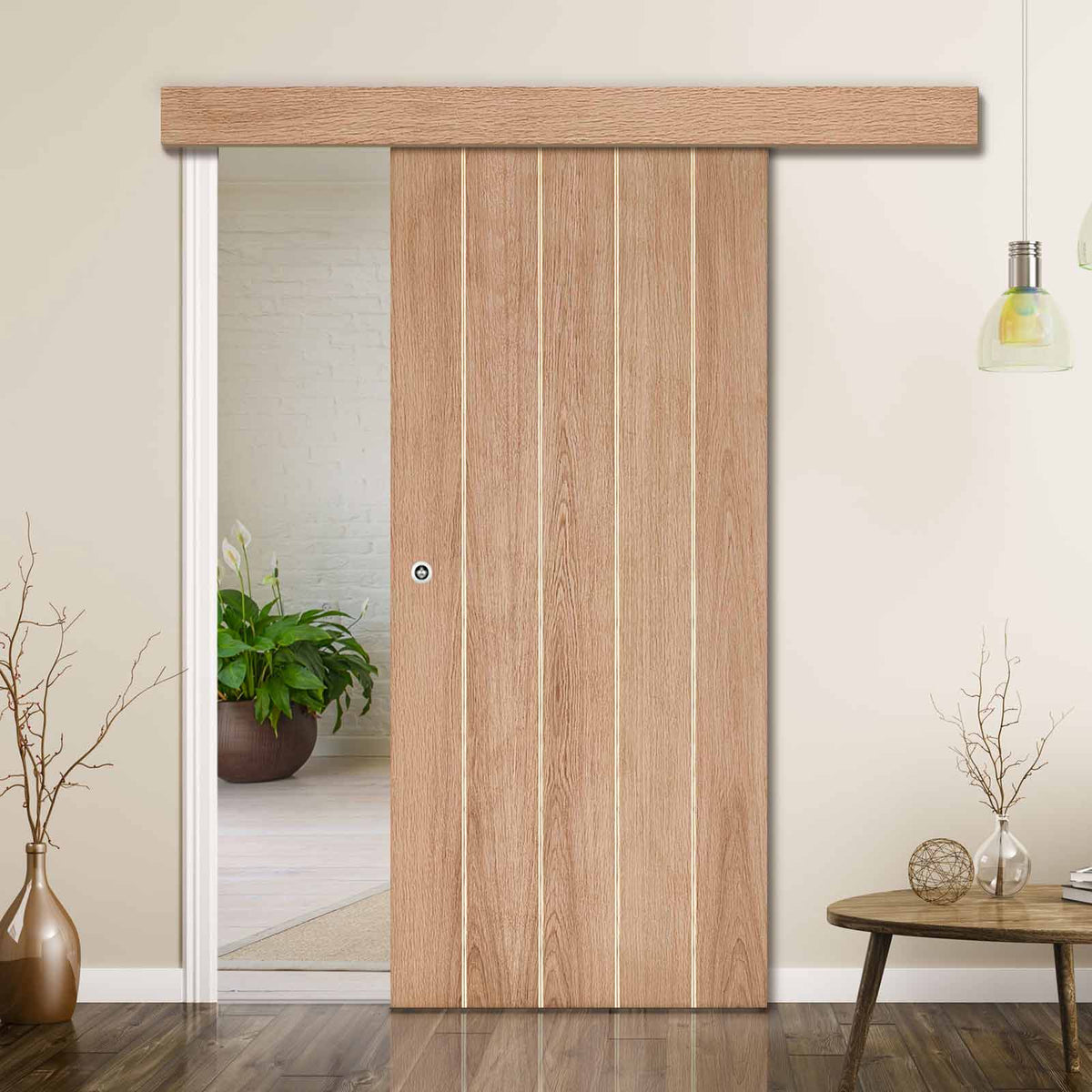 Single Sliding Door & Wall Track - Wexford Oak Panel Door - Unfinished
