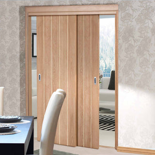 Image: Two Sliding Doors and Frame Kit - Wexford Oak Panel Door - Unfinished