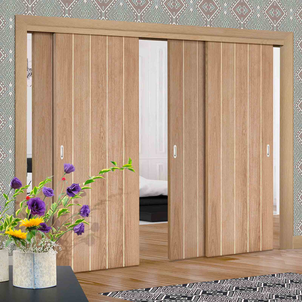 Four Sliding Doors and Frame Kit - Wexford Oak Panel Door - Unfinished