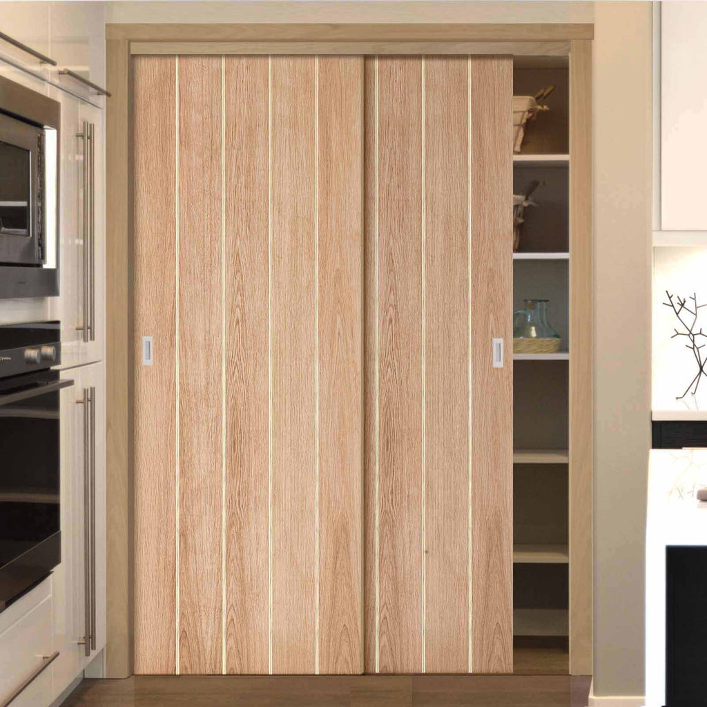Two Sliding Wardrobe Doors & Frame Kit - Wexford Oak Panel Door - Unfinished