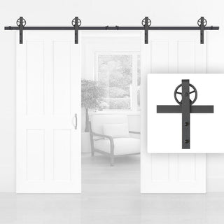 Image: Black Double Sliding Track - Barn Style - Wagon Wheel Hanger