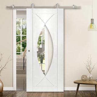 Image: Sirius Tubular Stainless Steel Sliding Track & Pesaro Flush Door - Clear Glass - White Primed