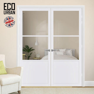 Image: Berkley 2 Pane 1 Panel Solid Wood Internal Door Pair UK Made DD6309G - Clear Glass - Eco-Urban® Cloud White Premium Primed