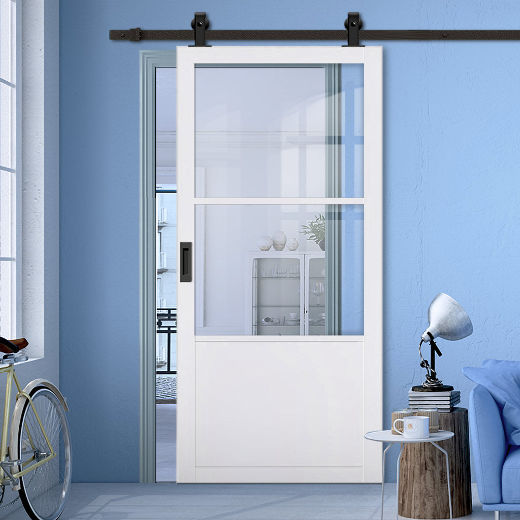 Top Mounted Black Sliding Track & Solid Wood Door - Eco-Urban® Berkley 2 Pane 1 Panel Solid Wood Door DD6309G - Clear Glass - Cloud White Premium Primed