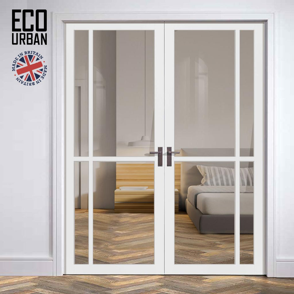 Marfa 4 Pane Solid Wood Internal Door Pair UK Made DD6313G - Clear Glass - Eco-Urban® Cloud White Premium Primed