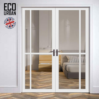 Image: Marfa 4 Pane Solid Wood Internal Door Pair UK Made DD6313G - Clear Glass - Eco-Urban® Cloud White Premium Primed