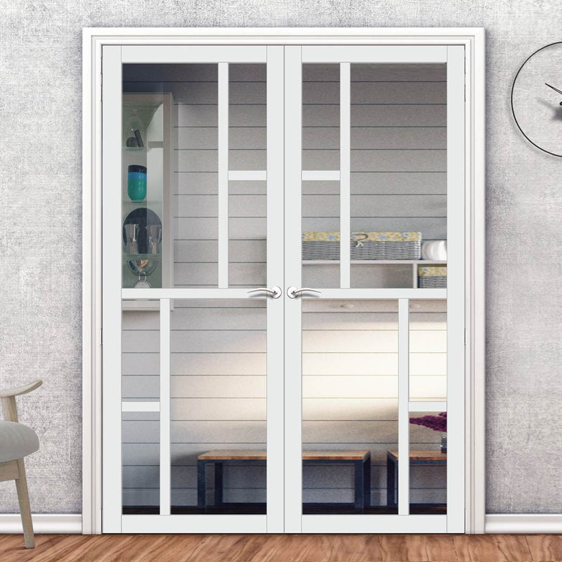 Eco-Urban Cairo 6 Pane Solid Wood Internal Door Pair UK Made DD6419G Clear Glass - Eco-Urban® Cloud White Premium Primed