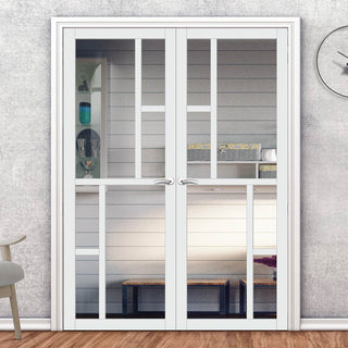 Image: Eco-Urban Cairo 6 Pane Solid Wood Internal Door Pair UK Made DD6419G Clear Glass - Eco-Urban® Cloud White Premium Primed