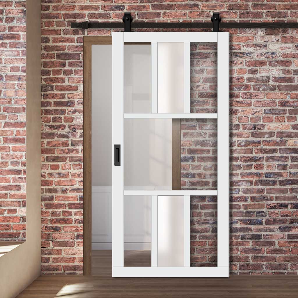 Top Mounted Black Sliding Track & Solid Wood Door - Eco-Urban® Tasmania 7 Pane Solid Wood Door DD6425G Clear Glass(1 FROSTED PANE) - Cloud White Premium Primed