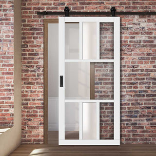 Image: Top Mounted Black Sliding Track & Solid Wood Door - Eco-Urban® Tasmania 7 Pane Solid Wood Door DD6425G Clear Glass(1 FROSTED PANE) - Cloud White Premium Primed
