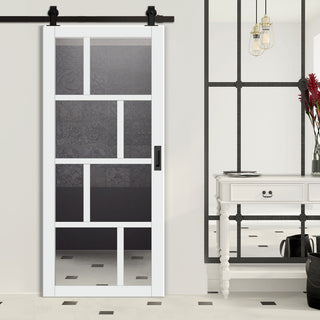 Image: Top Mounted Black Sliding Track & Solid Wood Door - Eco-Urban® Kochi 8 Pane Solid Wood Door DD6415G Clear Glass - Cloud White Premium Primed
