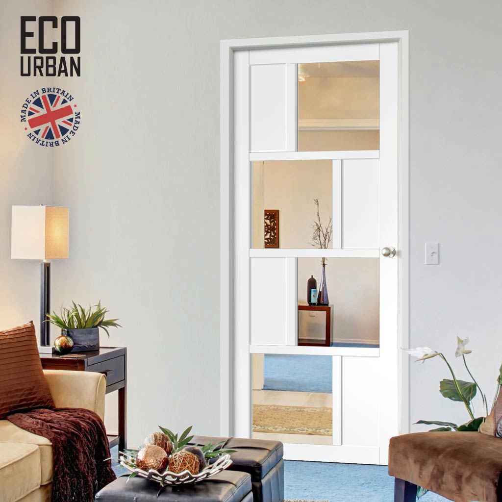 Handmade Eco-Urban Cusco 4 Pane 4 Panel Solid Wood Internal Door UK Made DD6416G Clear Glass - Eco-Urban® Cloud White Premium Primed