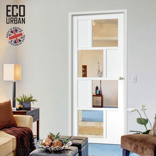 Image: Handmade Eco-Urban Cusco 4 Pane 4 Panel Solid Wood Internal Door UK Made DD6416G Clear Glass - Eco-Urban® Cloud White Premium Primed