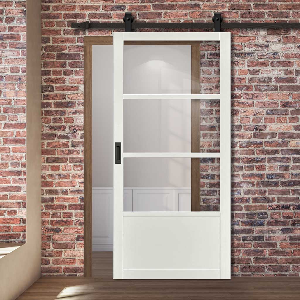 Top Mounted Black Sliding Track & Solid Wood Door - Eco-Urban® Staten 3 Pane 1 Panel Solid Wood Door DD6310G - Clear Glass - Cloud White Premium Primed