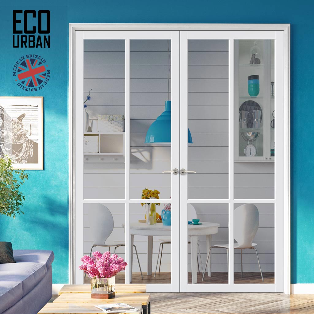 Bronx 4 Pane Solid Wood Internal Door Pair UK Made DD6315G - Clear Glass - Eco-Urban® Cloud White Premium Primed