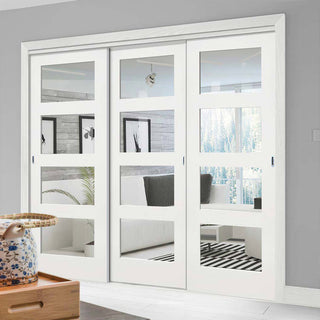 Image: Pass-Easi Three Sliding Doors and Frame Kit - Coventry White Primed Shaker Door - Clear Glass
