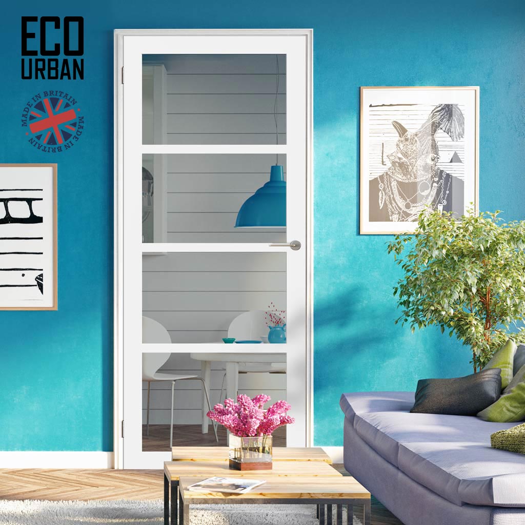 Brooklyn 4 Pane Solid Wood Internal Door UK Made DD6308G - Clear Glass - Eco-Urban® Cloud White Premium Primed