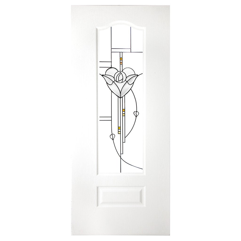 White PVC windsor door with lightly grained faces greenock macintosh leaded style toughened clear glass 