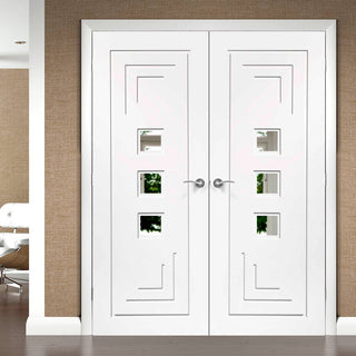 Image: Simpli Double Door Set - Altino Door - Clear Glass - White Primed