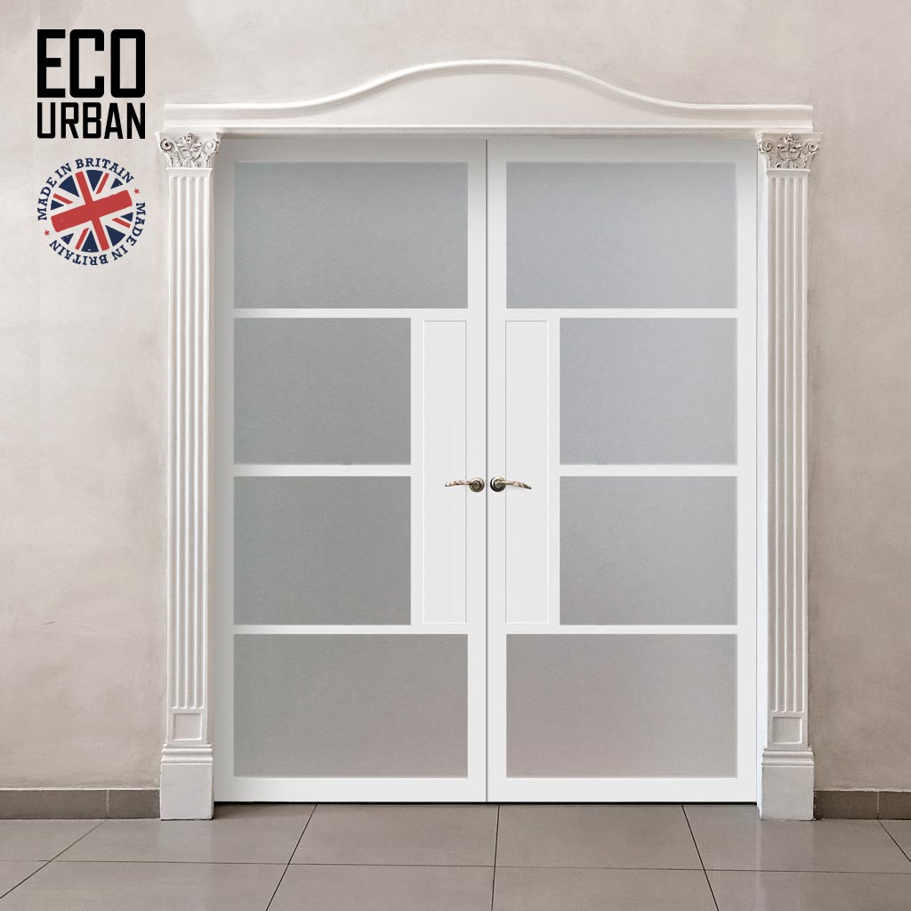 Eco-Urban Boston 4 Pane Solid Wood Internal Door Pair UK Made DD6311SG - Frosted Glass - Eco-Urban® Cloud White Premium Primed