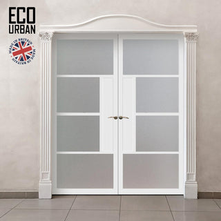 Image: Eco-Urban Boston 4 Pane Solid Wood Internal Door Pair UK Made DD6311SG - Frosted Glass - Eco-Urban® Cloud White Premium Primed