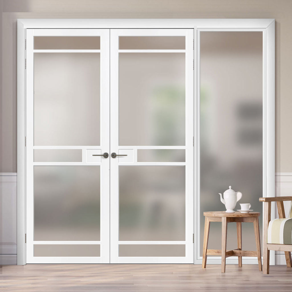 Bespoke Room Divider - Eco-Urban® Sheffield Door Pair DD6312F - Frosted Glass with Full Glass Side - Premium Primed - Colour & Size Options