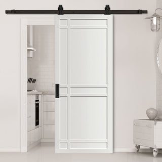 Image: Top Mounted Black Sliding Track & Solid Wood Door - Eco-Urban® Leith 9 Panel Solid Wood Door DD6316 - Cloud White Premium Primed