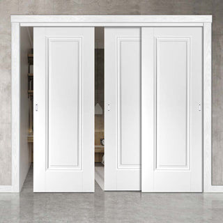 Image: Three Sliding Doors and Frame Kit - Eindhoven 1 Panel Door - White Primed