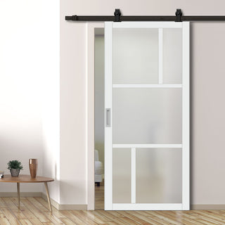 Image: Top Mounted Black Sliding Track & Solid Wood Door - Eco-Urban® Arran 5 Pane Solid Wood Door DD6432SG Frosted Glass - Cloud White Premium Primed