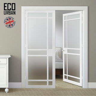 Image: Eco-Urban Leith 9 Pane Solid Wood Internal Door Pair UK Made DD6316SG - Frosted Glass - Eco-Urban® Cloud White Premium Primed