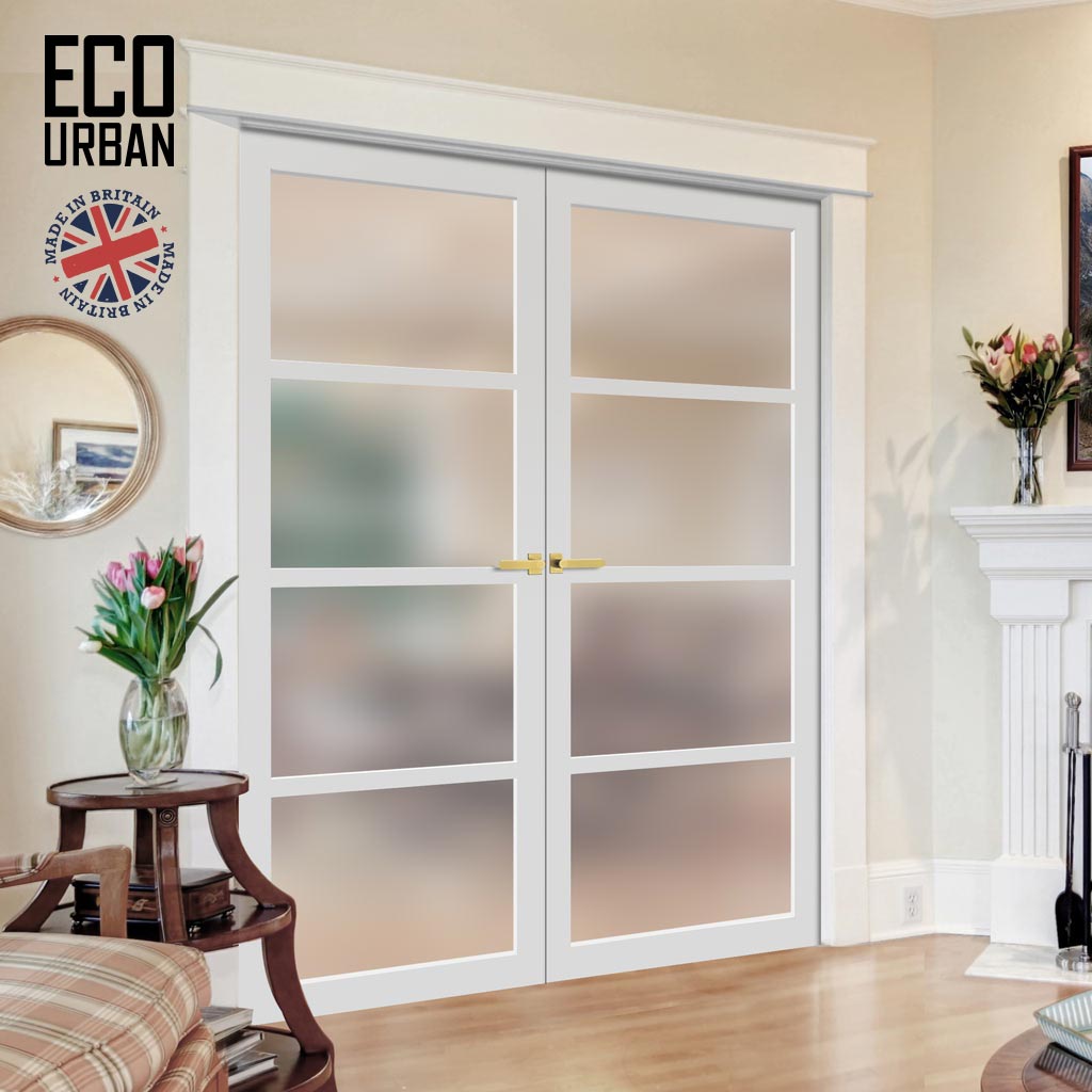Eco-Urban Brooklyn 4 Pane Solid Wood Internal Door Pair UK Made DD6308SG - Frosted Glass - Eco-Urban® Cloud White Premium Primed
