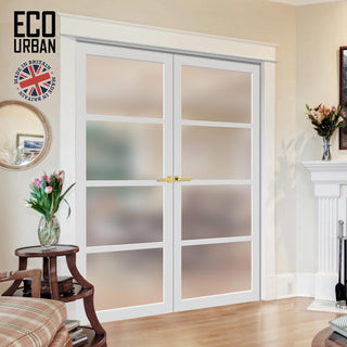 Image: Eco-Urban Brooklyn 4 Pane Solid Wood Internal Door Pair UK Made DD6308SG - Frosted Glass - Eco-Urban® Cloud White Premium Primed