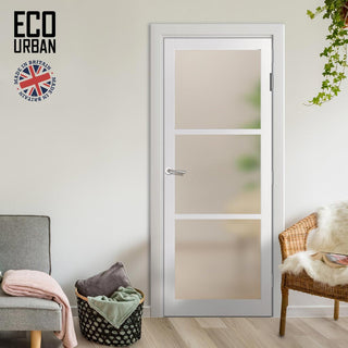 Image: Handmade Eco-Urban Manchester 3 Pane Solid Wood Internal Door UK Made DD6306SG - Frosted Glass - Eco-Urban® Cloud White Premium Primed