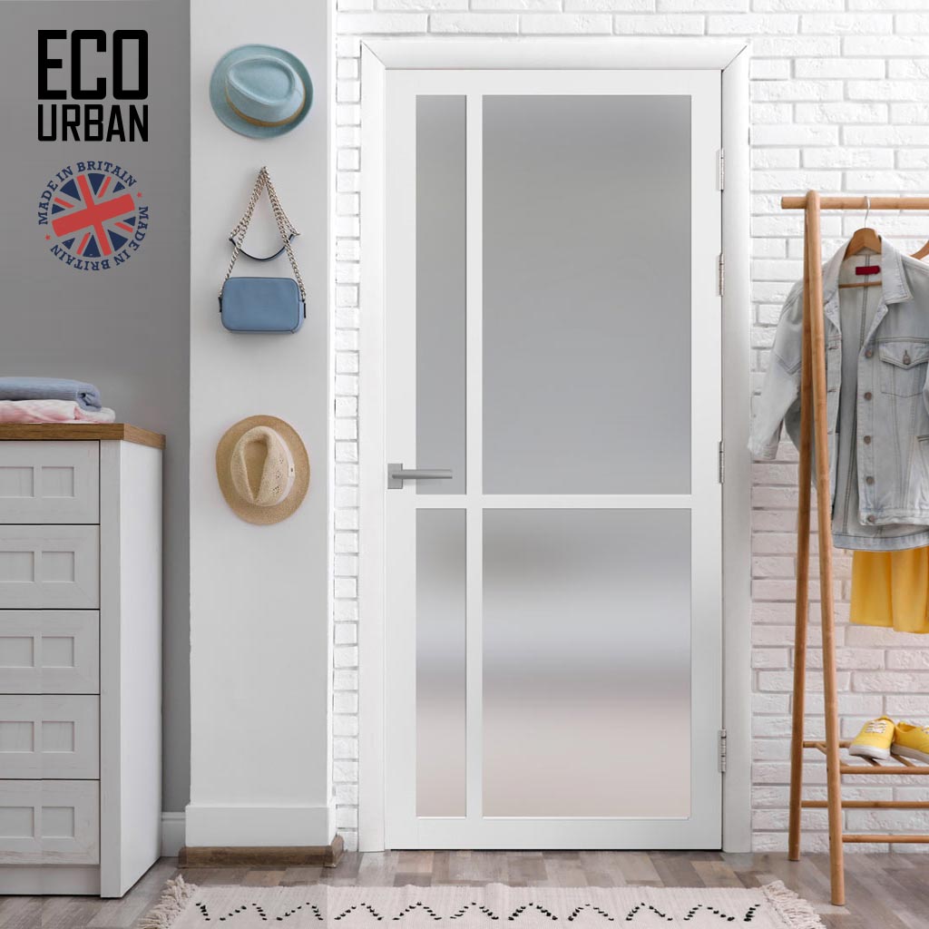 Handmade Eco-Urban Marfa 4 Pane Solid Wood Internal Door UK Made DD6313SG - Frosted Glass - Eco-Urban® Cloud White Premium Primed