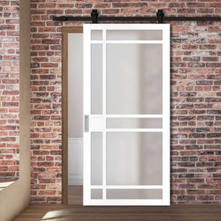 Image: Top Mounted Black Sliding Track & Solid Wood Door - Eco-Urban® Leith 9 Pane Solid Wood Door DD6316SG - Frosted Glass - Cloud White Premium Primed