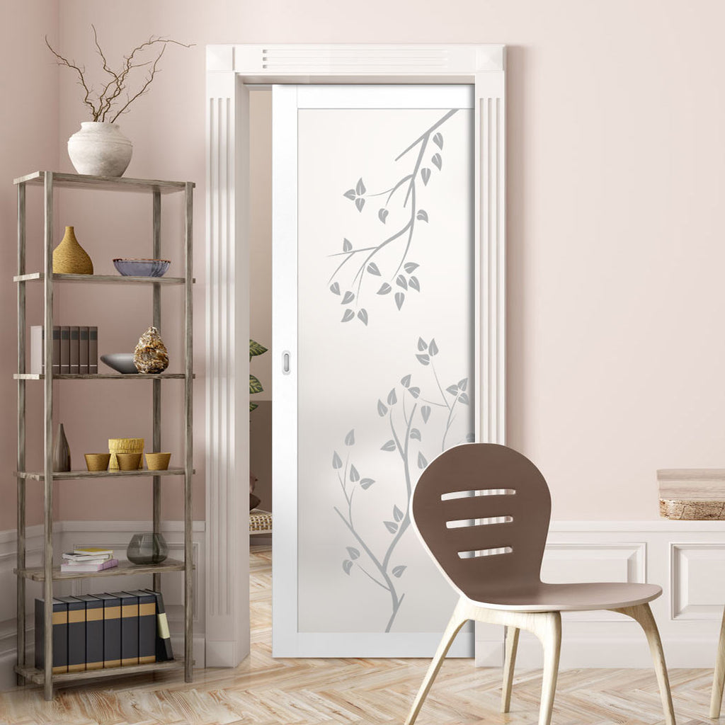Eco-Urban Artisan Single Evokit Pocket Door - Birch Tree 6mm Obscure Glass - Obscure Printed Design - Colour & Size Options