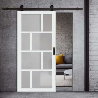 Image: Top Mounted Black Sliding Track & Solid Wood Door - Eco-Urban® Kochi 8 Pane Solid Wood Door DD6415SG Frosted Glass - Cloud White Premium Primed