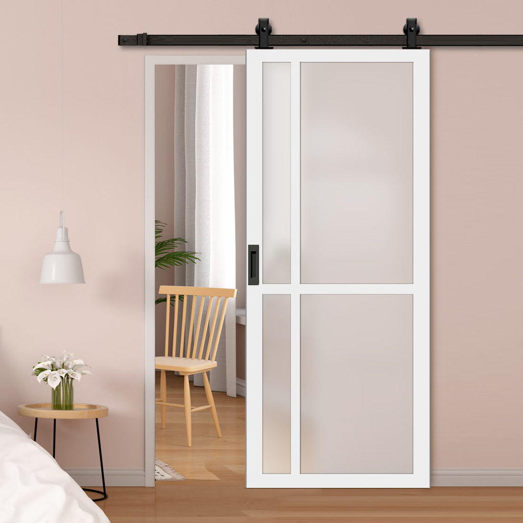 Top Mounted Black Sliding Track & Solid Wood Door - Eco-Urban® Marfa 4 Pane Solid Wood Door DD6313SG - Frosted Glass - Cloud White Premium Primed