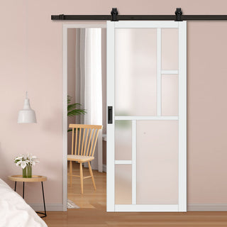 Image: Top Mounted Black Sliding Track & Solid Wood Door - Eco-Urban® Cairo 6 Pane Solid Wood Door DD6419SG Frosted Glass - Cloud White Premium Primed