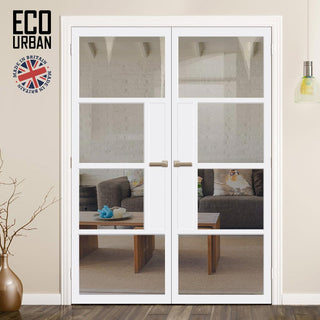 Image: Boston 4 Pane Solid Wood Internal Door Pair UK Made DD6311G - Clear Glass - Eco-Urban® Cloud White Premium Primed