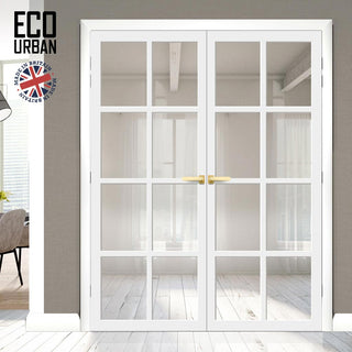 Image: Perth 8 Pane Solid Wood Internal Door Pair UK Made DD6318G - Clear Glass - Eco-Urban® Cloud White Premium Primed