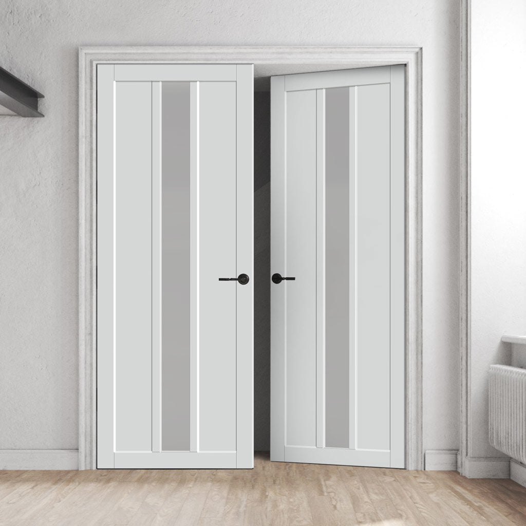 Eco-Urban Cornwall 1 Pane 2 Panel Solid Wood Internal Door Pair UK Made DD6404SG Frosted Glass - Eco-Urban® Cloud White Premium Primed