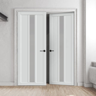 Image: Eco-Urban Cornwall 1 Pane 2 Panel Solid Wood Internal Door Pair UK Made DD6404SG Frosted Glass - Eco-Urban® Cloud White Premium Primed