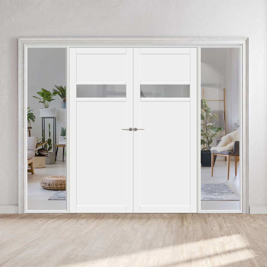 Bespoke Room Divider - Eco-Urban® Orkney Door Pair DD6403C - Clear Glass with Full Glass Sides - Premium Primed - Colour & Size Options